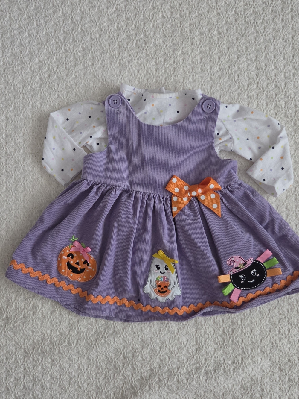 Good Lad Lavender Halloween Pinafore Dress with Orange Bow